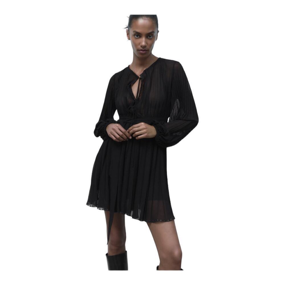 Zara Black Pleated Belted Semi-Sheer V-Neck Long Sleeve Mini Dress Size M